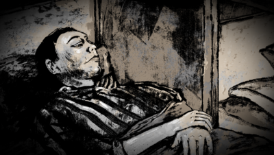 : Illustration: KZ-Häftling liegt in gestreifter Häftlingskleidung auf einer Pritsche; Bildrechte: BR / Cendra Polsner